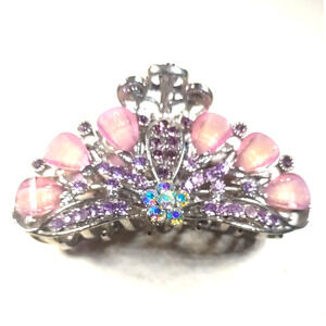 Pink Rhinestone Silver Tone Elegant Design Hair Barrette Alligator Clip Princess